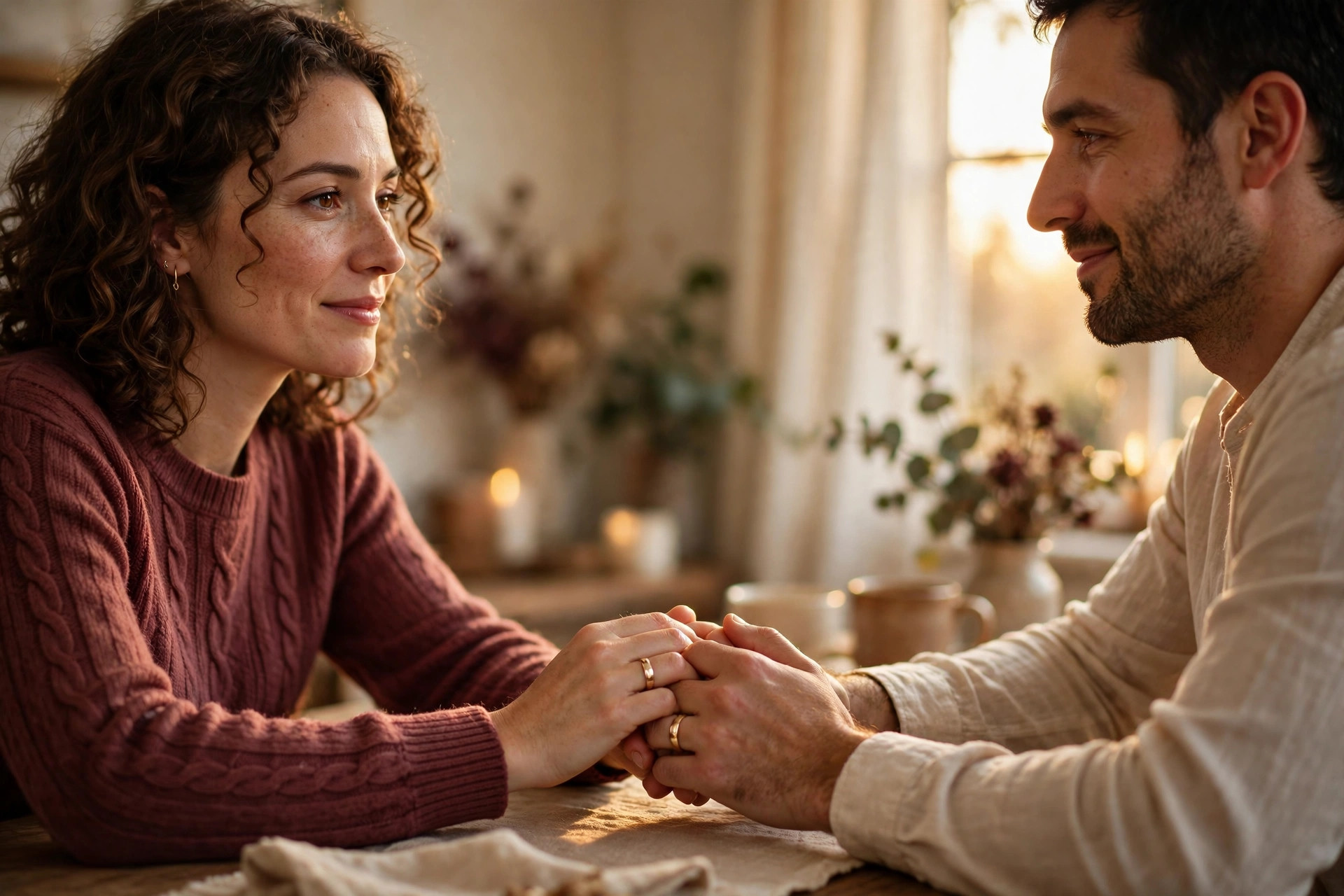 A husband and wife holding hands across the table