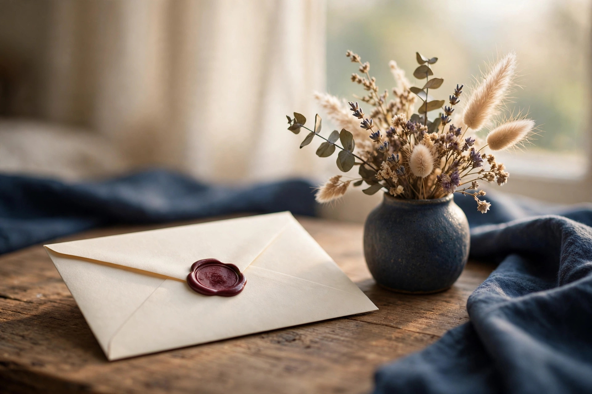 A sealed letter with a burgundy wax seal on a wooden table