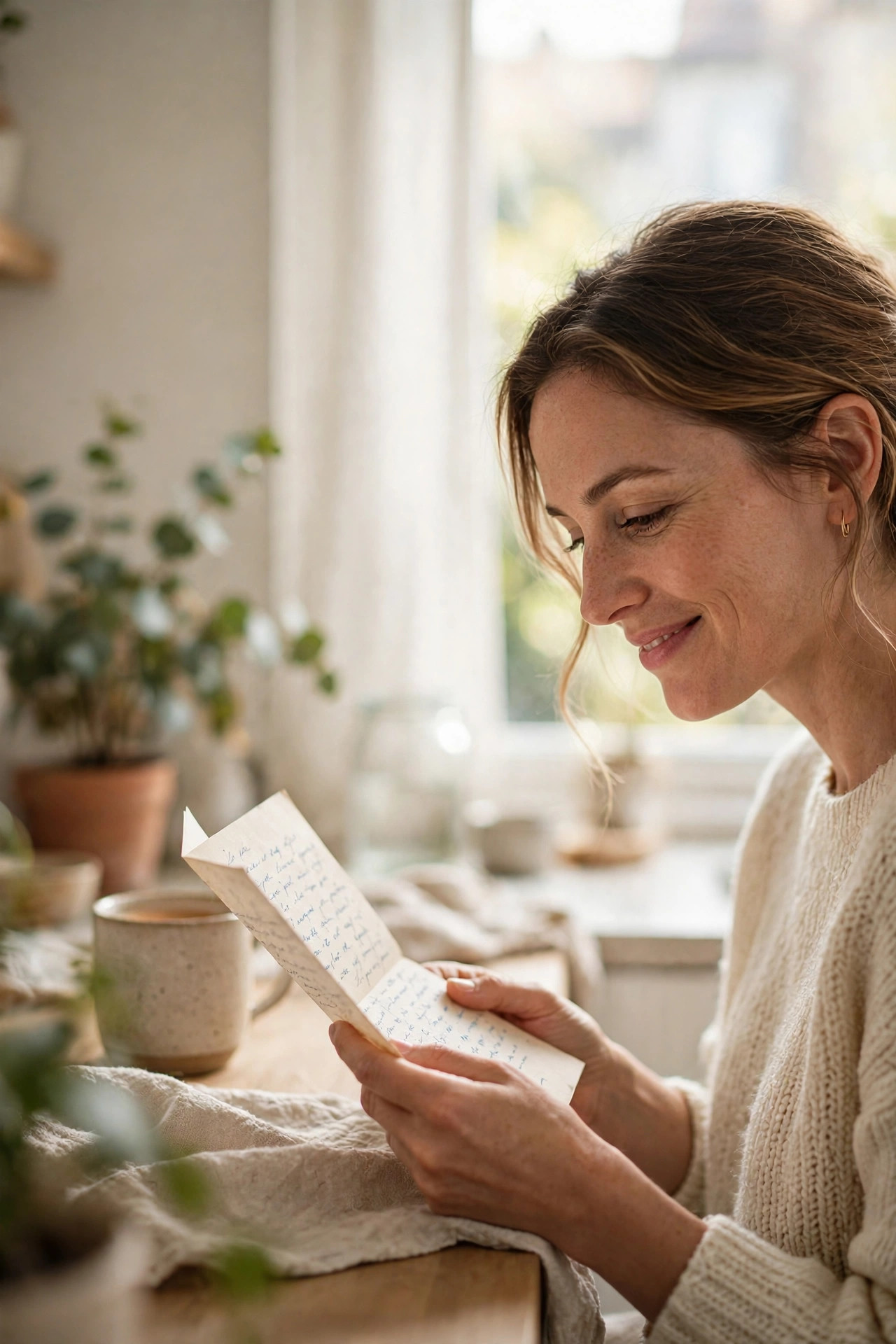 A wife reading a letter by her kitchen window